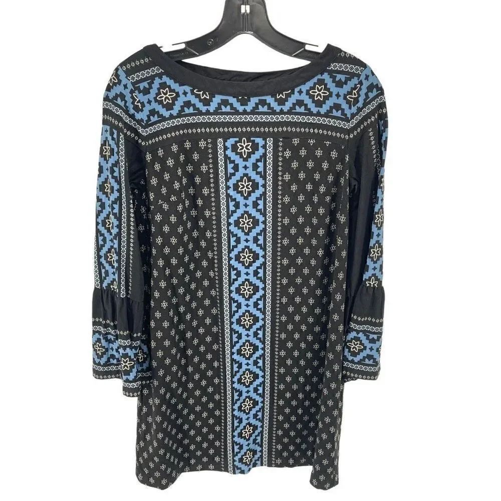 LOFT Womens Shift Dress Bell Sleeve Geometric Pattern Blue Black Small Petite